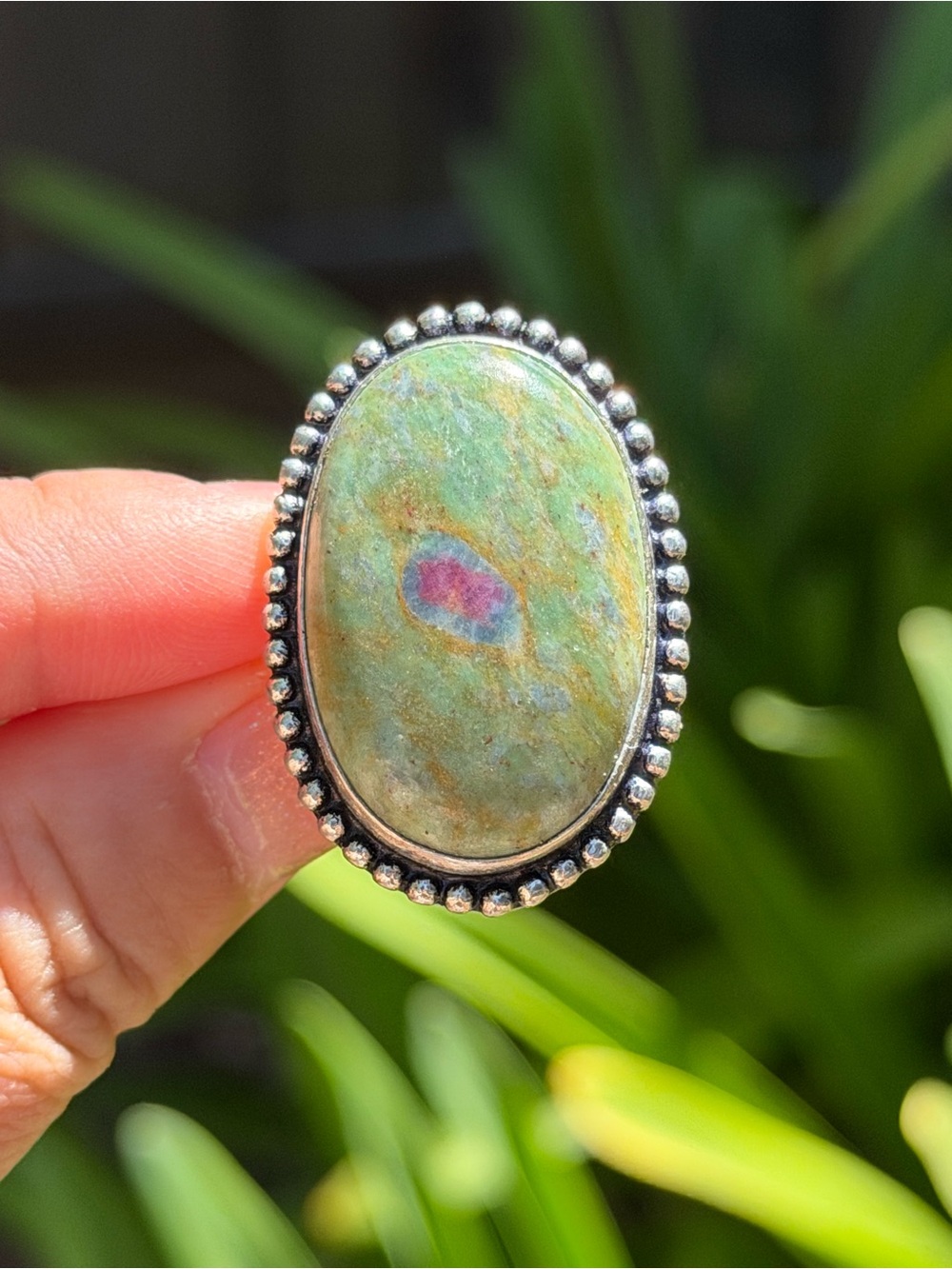 Handcrafted Green and Pink Stone Oval Statement Ring - Women Jewelry